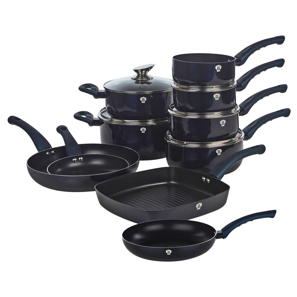 (  Aquamarine) 15 Pc Blaumann Cookware Frying Cooking Grill Pan Pots Saucepan Soft Touch Handle