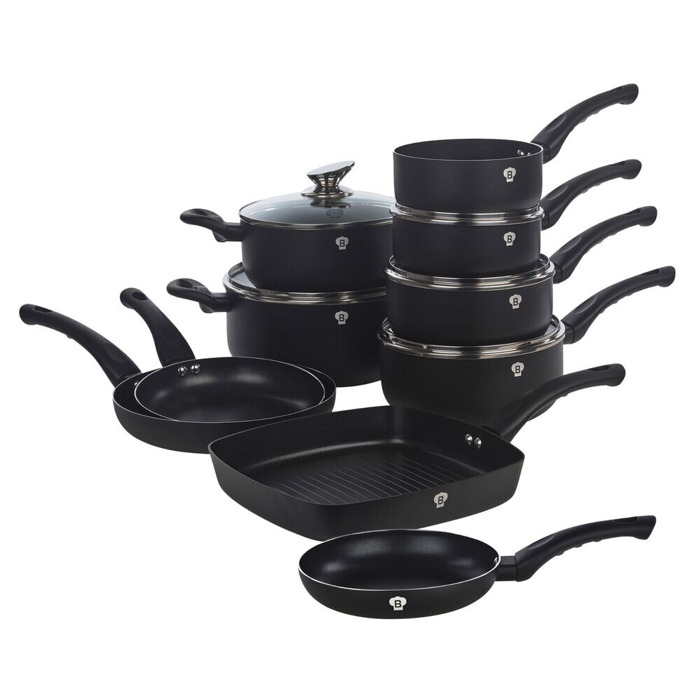 (  Black Matt) 15 Pc Blaumann Cookware Frying Cooking Grill Pan Pots Saucepan Soft Touch Handle