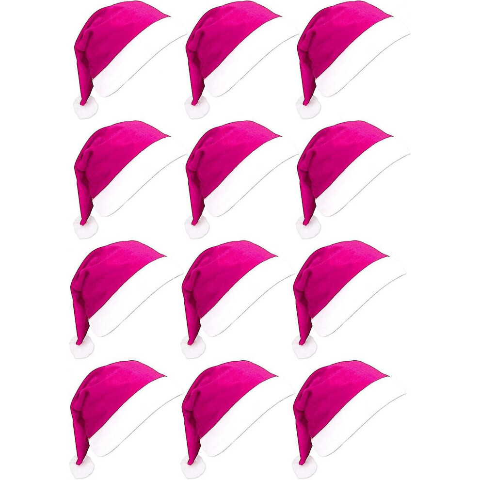 (Pink-12pcs) 12pcs Santa Hats,Comfortable Santa Hats Adult Bulk,Red Classic Santa Claus Hat for Adults,Xmas Hats