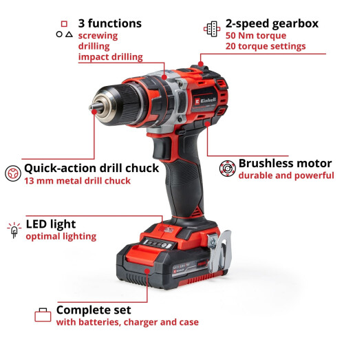 Einhell Einhell Τρυπάνι μπαταρίας 50Nm χωρίς ψήκτρες 18V με μπαταρίες TP-CD 18/50 Li-i 2