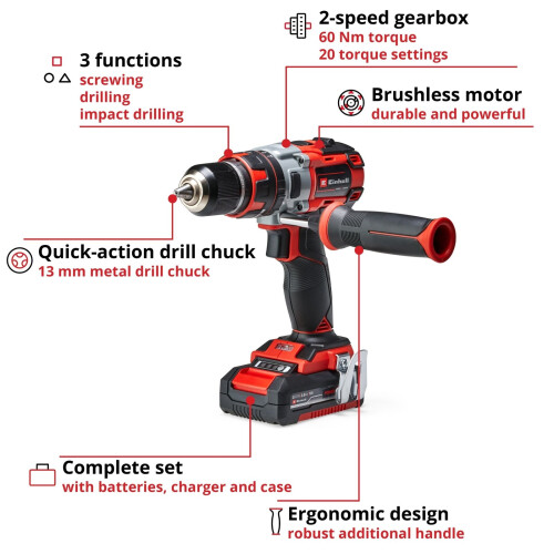 Einhell Einhell Cordless Combi Drill Driver 60Nm Brushless With Batteries TP-CD 18 Li-i 1