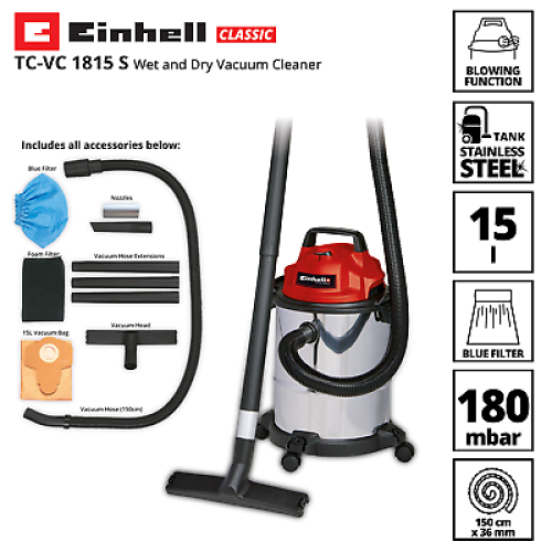 Einhell Aspirador - EINHELL - TC-VC 1815 S - 15 l - Sem saco - Plástico resistente 1