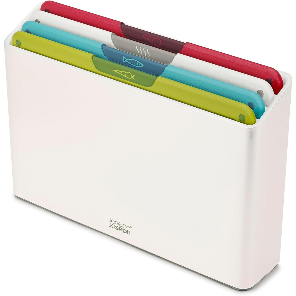 (Regular, Multicolour/White) Set of 4 Color Coded Cutting Boards, Slim Boxes for Organized Kitchen Storage - Regular