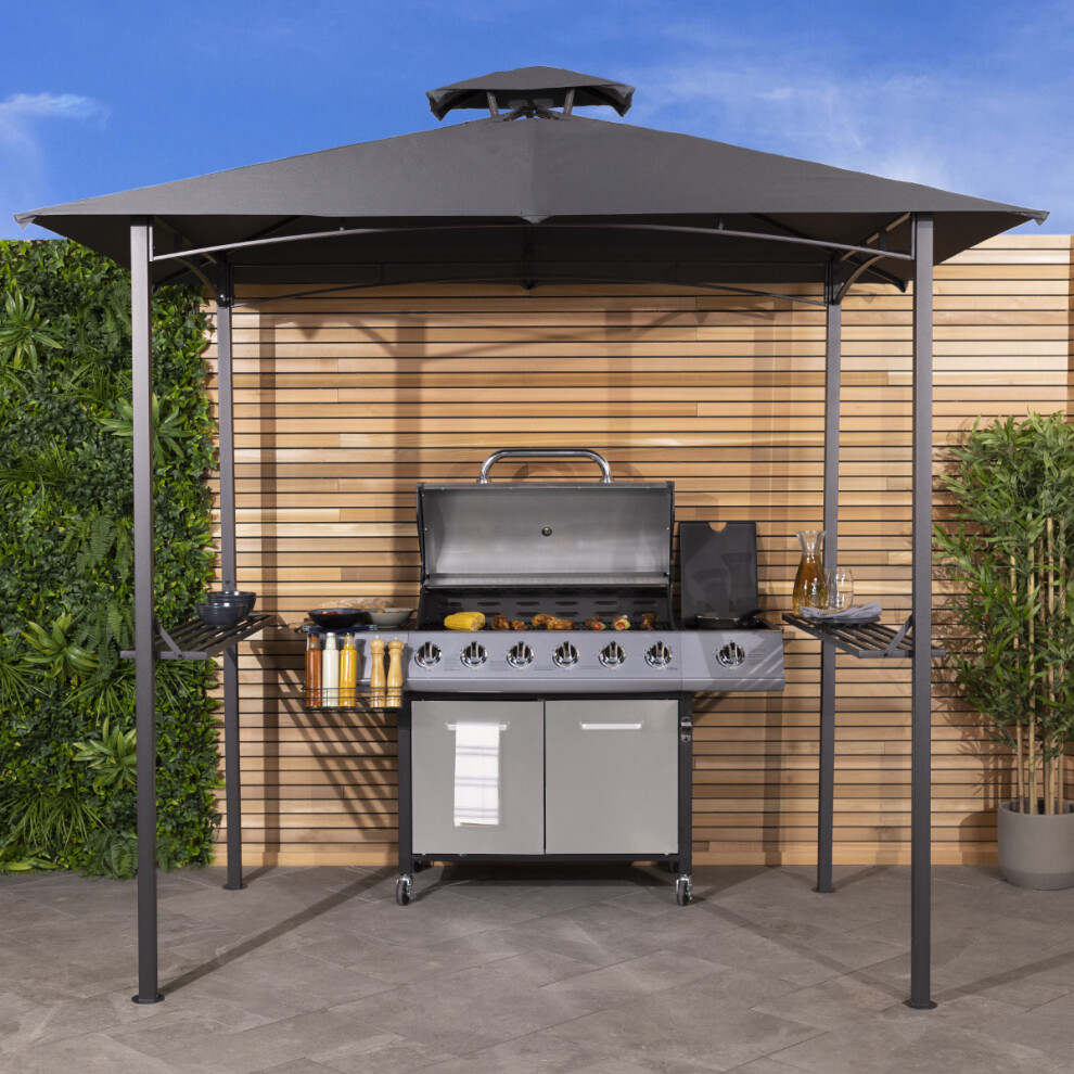 (Beige) Charles Bentley Powder Coated Steel Frame Grill Gazebo Outdoor Tent Shelter in Cream and Grey - 8X5Ft