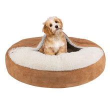 Hooded Dog Bed Mediuml - Cozy Donut Dog Blanket Bed for Doggie, Claming Pet Caved Bed for Cats Puppies (Medium, Wheat)