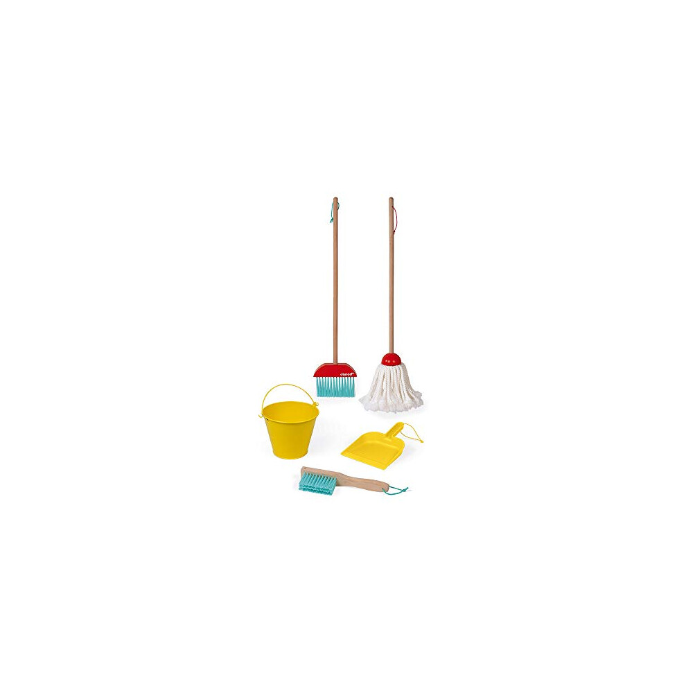 - Cleaning Set - 5 Realistic Wooden Accessories - Broom + Mop + Bucket + Shovel + Brush - Imitation Wooden Toy for Children - from 2 Years Old, J06588