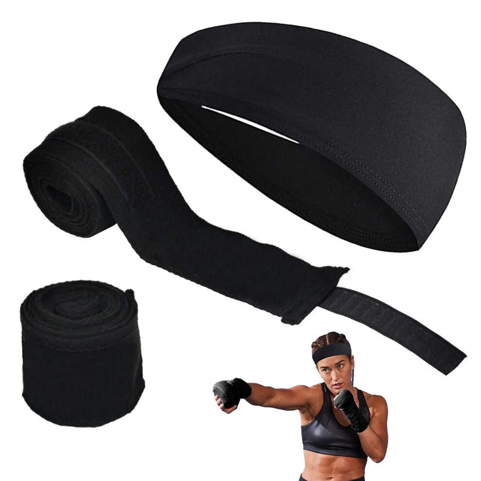 3 Pcs Boxing Hand Wraps Set, 5 Meters Long Thumb Loop Bandages with Sweat-Absorbing Headband, Black Elasticated Wrist Straps for Men Women, Padded