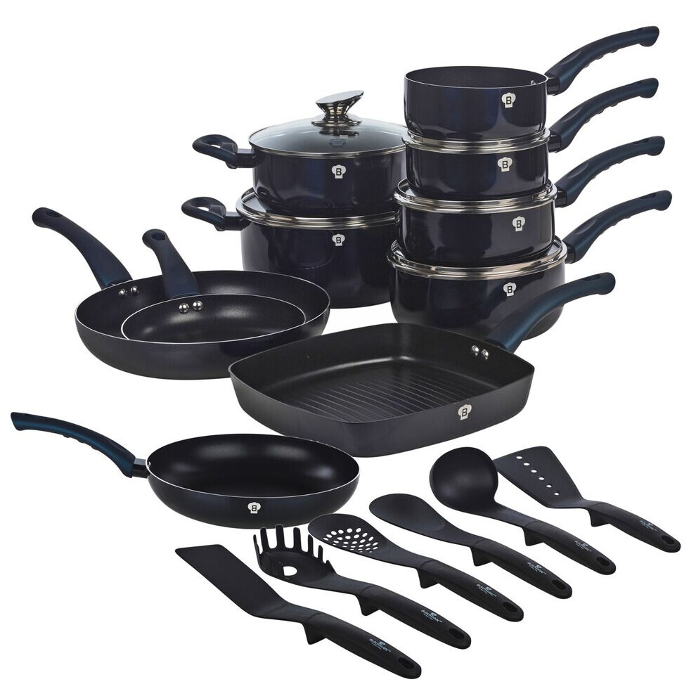 (  Aquamarine) 21 Pcs Blauman Cookware Pots Grill Pans with Soft Touch Handles & Kitchen Tool Set