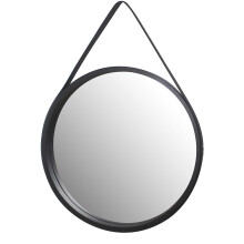 Leather Strap Wooden Wall Round Hanging Decorative Vanity Mirror (Black, 50 Dia cm)