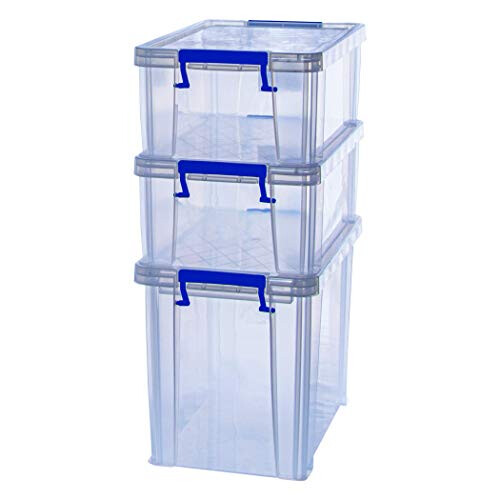 Fellowes Bankers Box Plastic Storage Boxes with Lids, Pack of 3, 2 x 10 Litre + 1 x 18.5 Litre. ProStore Strong Stackable Plastic Storage Boxes, Made in the UK