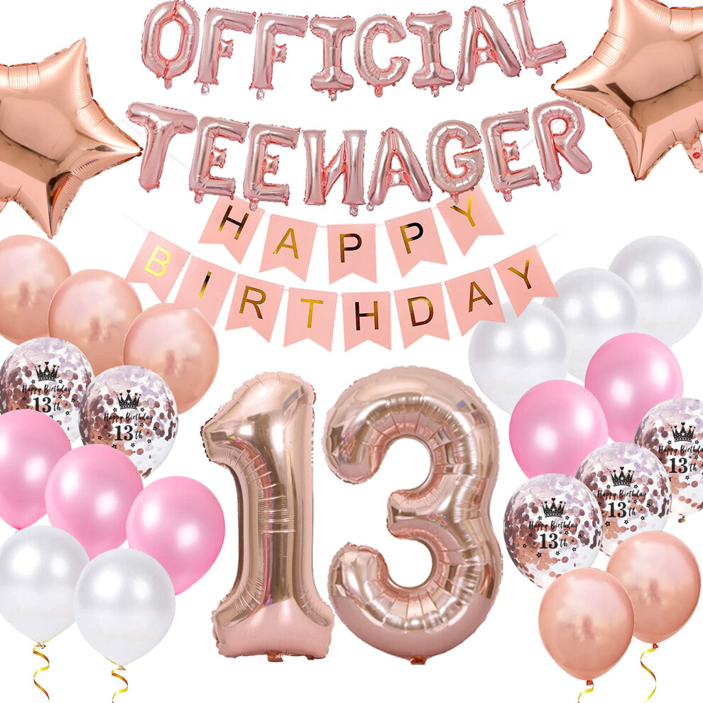 Official Teenager 13th Birthday Decorations for Girls, Happy Birthday Banner Rose Gold Number 13 Birthday Star Foil Balloons 13th Birthday Confetti