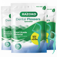 RAZOKO Palillos de Hilo Dental | Palillo, Hilo Resistente, Mango Fácil de Agarrar, Sabor a Menta, 75 Unidades (Paquete de 3)