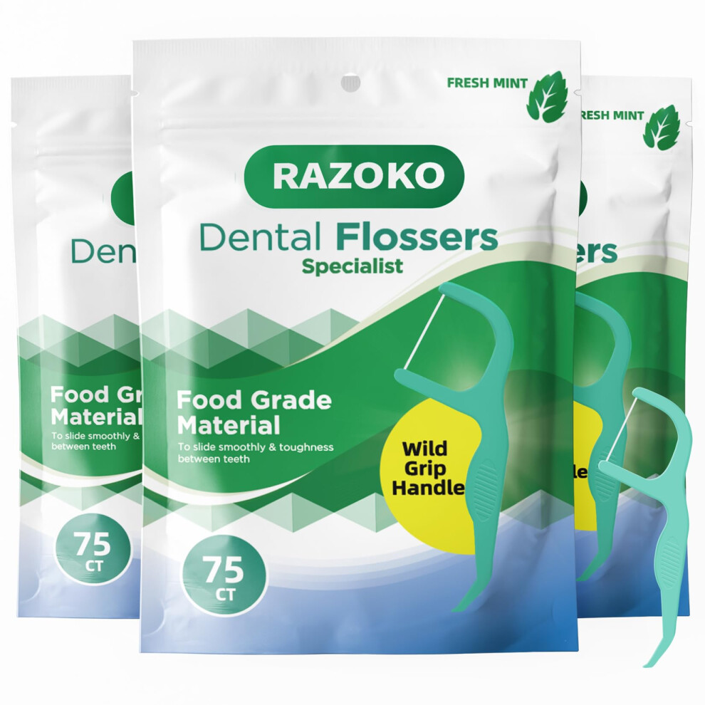 Razoko Dental Floss Picks | Toothpick, Extra Strong Flosser Pick, Fresh Mint Flavor, 75 Dental Floss Picks, Pack Of 3