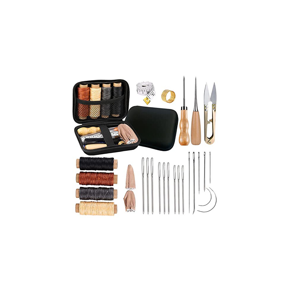 Leather Sewing Kit Leather Tool Kit Leather Working Tools with Leather Sewing Needles, Waxed Thread, Thimble, Awl and Storage Bag Leather Craft Hand