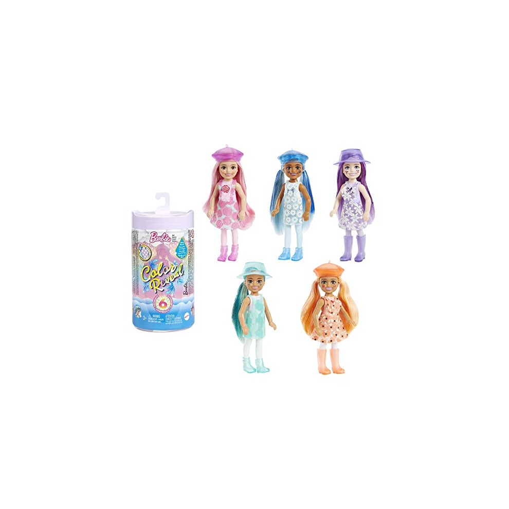 Barbie Chelsea Color Reveal Doll with 6 Surprises, Sunshine & Sprinkles Series with Lavender Flower Print & Color Change; Gift for Kids 3 Years &