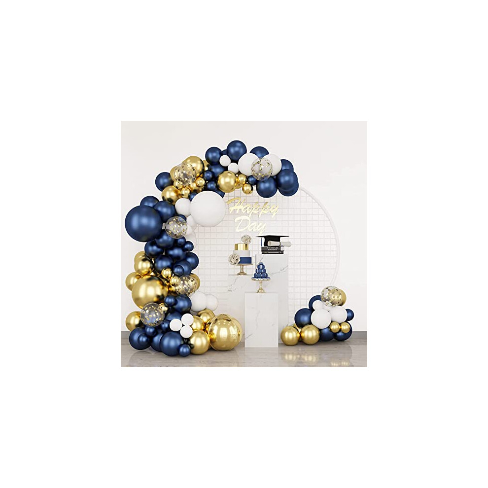 174Pcs Navy Blue Balloons Garland Arch Kit, Metallic Gold Latex White Confetti Balloons Foil Balloons for Birthday, Graduation, Baby Shower, Wedding,