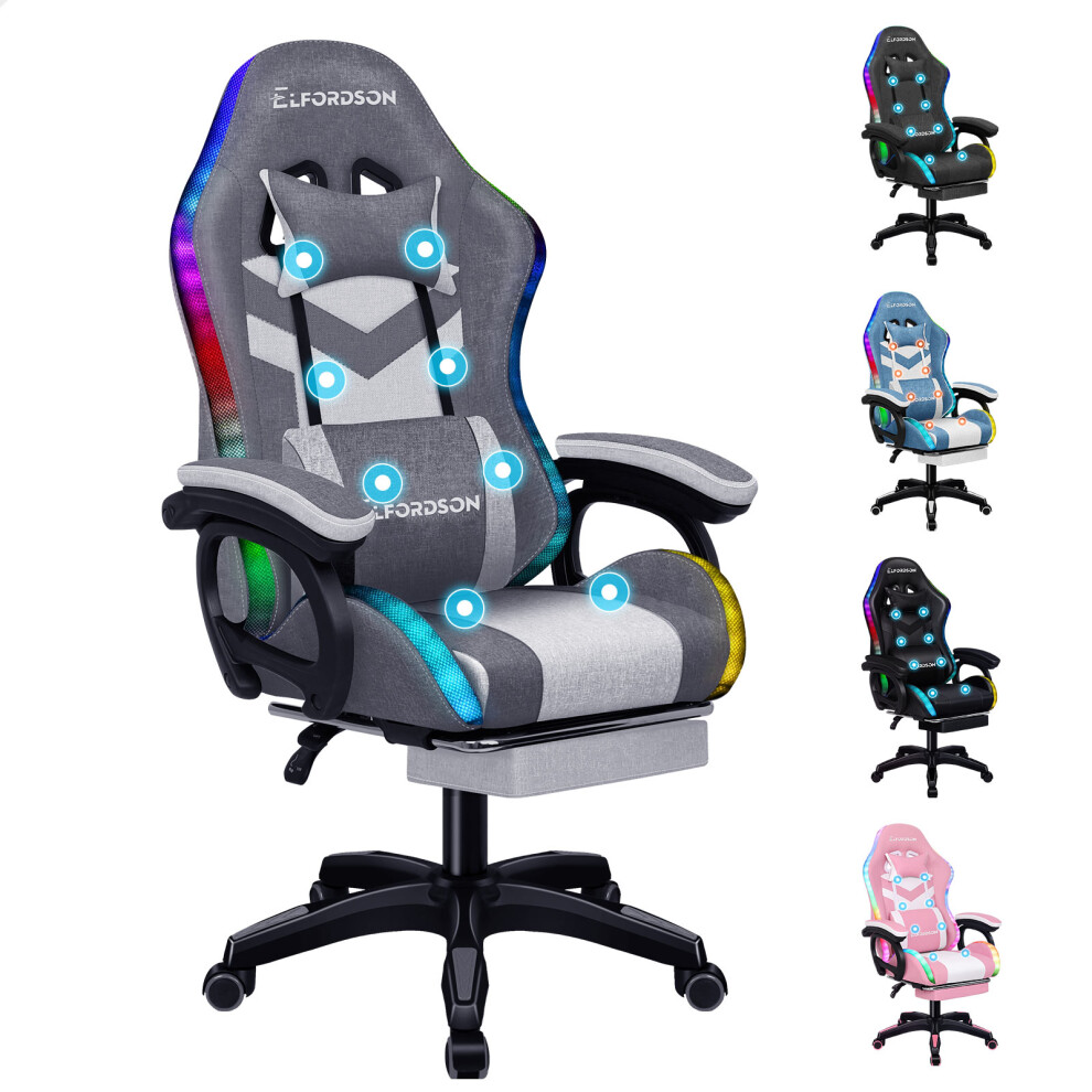 (LED Marc - Fabric Two-tone Grey) ELFORDSON Gaming Office Chair 12 RGB LED Massage Footrest