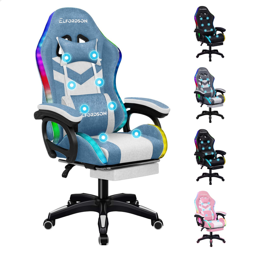 (LED Marc - Fabric Blue & White) ELFORDSON Gaming Office Chair 12 RGB LED Massage Footrest