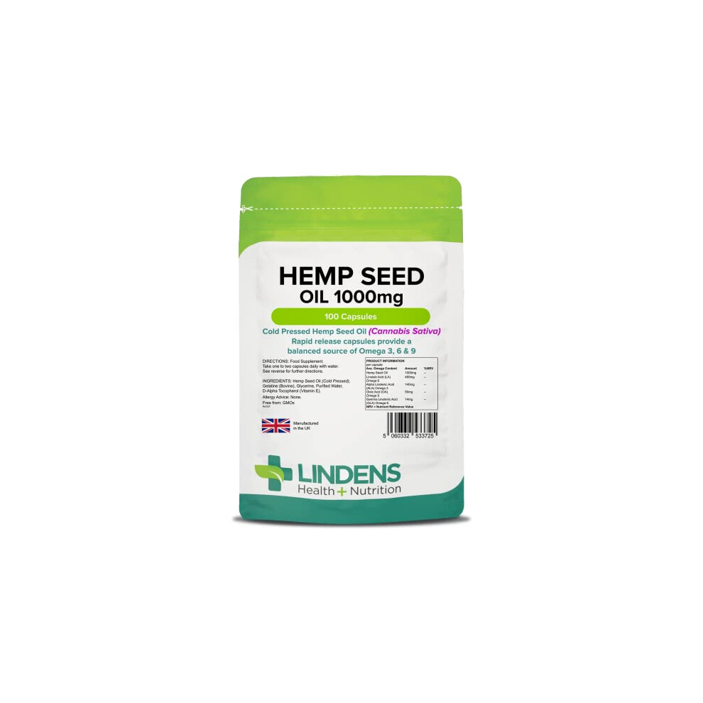 Hemp Seed Oil 1000mg - 100 Capsules - Source of Omega 3, 6 & 9 | Cold Pressed, Made in The UK