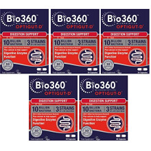 Bio360 OptiGUT-D (10 Billion Bacteria), Digestion Support, 30 Capsules (Pack of 5)