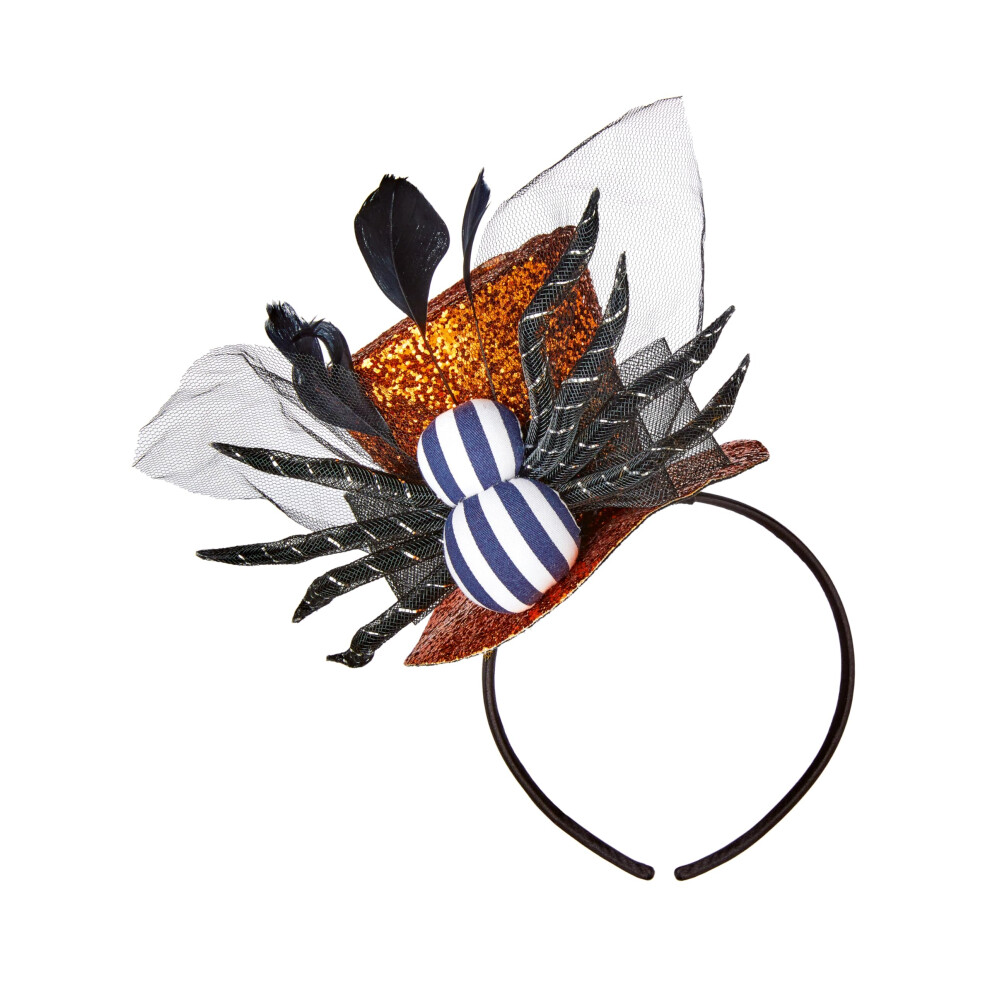 Halloween Spider Mini Top Hat on Headband Orange and Black with Netting for Ladies Halloween Accessory