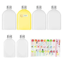 6 Pack Clear Juice Bottles (100ml+200ml), 1 Fruit Sticker, Flat Beverage Container, Drink Empty Bottle With Aluminum Lid, Reusable Transparent Flat