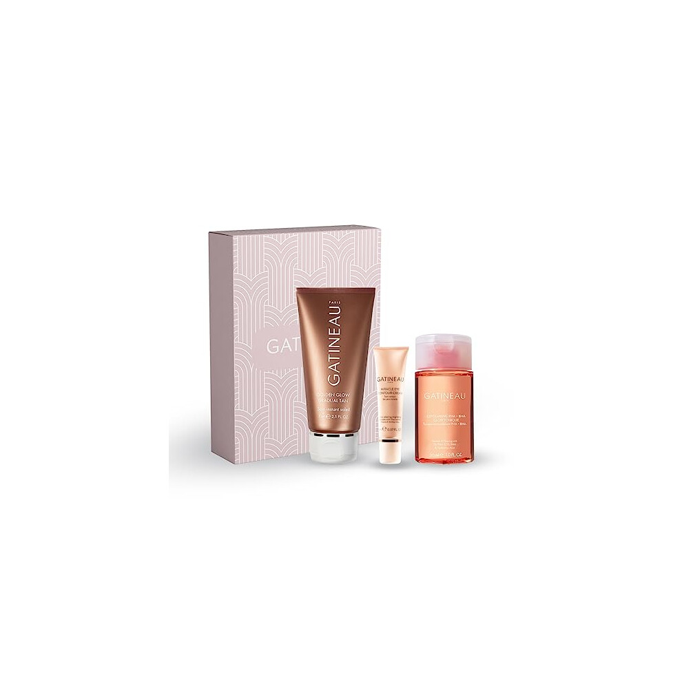 - Radiance & Glow Complexion Trio Gift Set, Golden Glow Gradual Tan (75ml), Miracle Eye Contour Cream (11ml) & Exfoliating PHA + BHA Glow Tonique