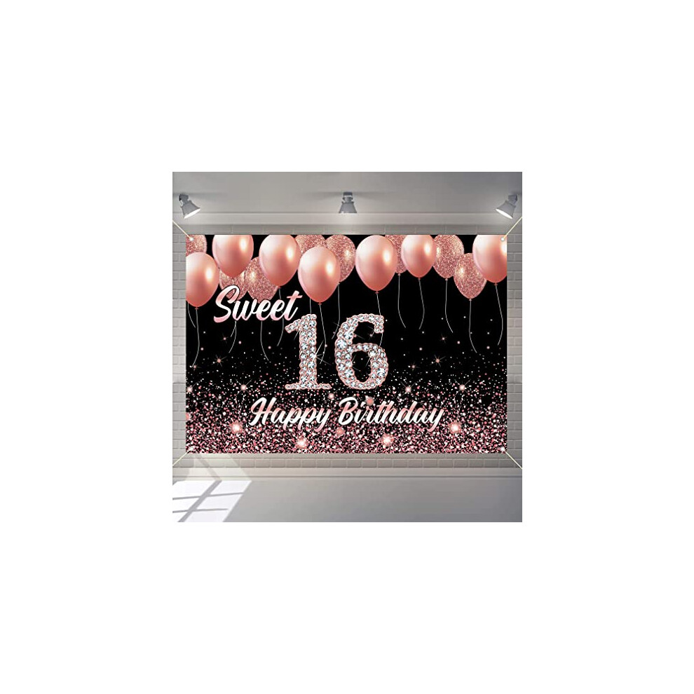 Sweet 16 Happy Birthday Backdrop Banner for Girl 16 Years Old Fabric Sign Poster Party Decoration, Glitter Rose Gold Photography Background Sweet 16