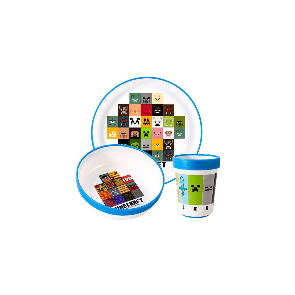 Minecraft 3pcs Bicolor Premium Kids Dinner Tableware Set Plate, Bowl & Tumbler, BPA Free