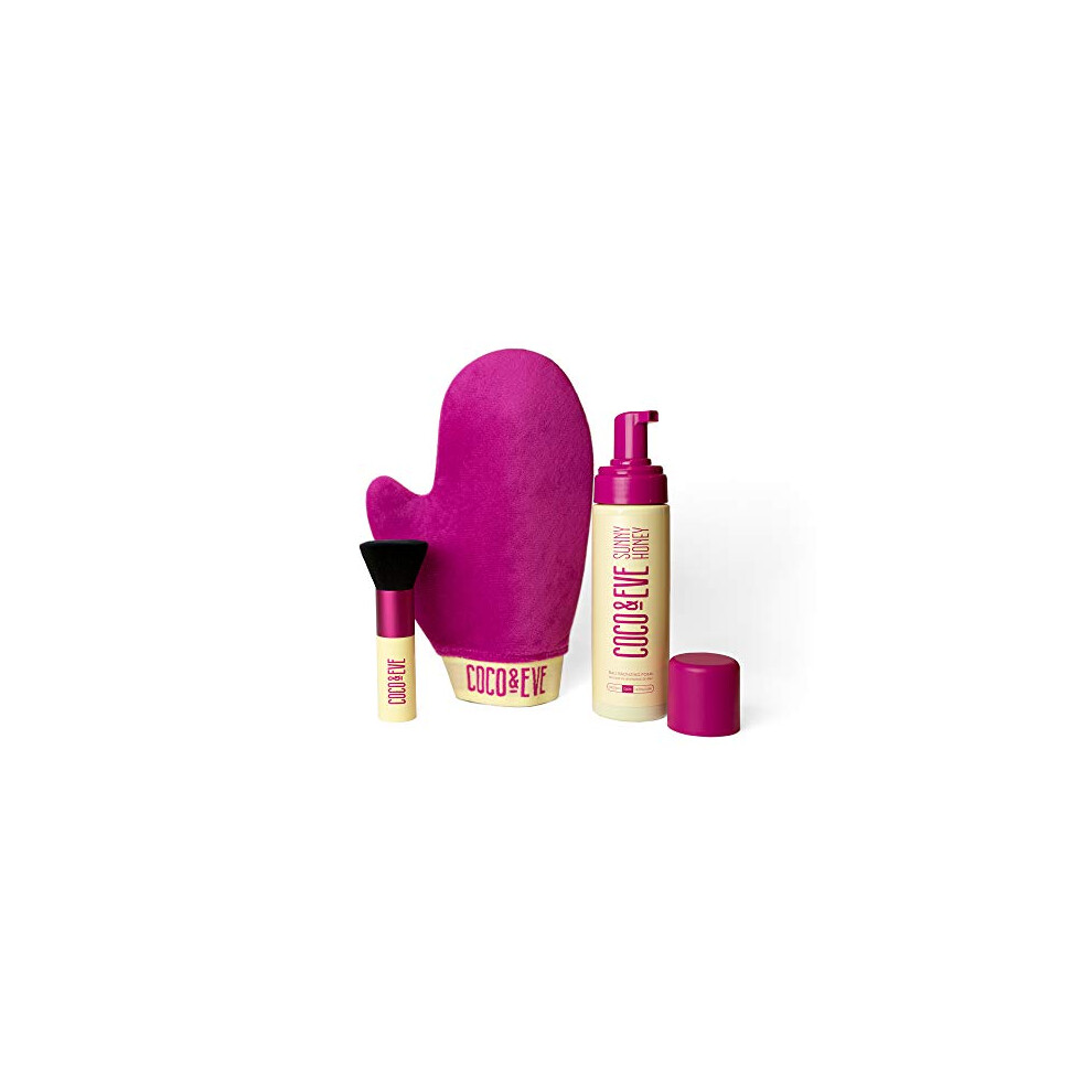 Coffret autobronzant Coco & Eve Sunny Honey Bali (ultra fonc   ). Mousse autobronzante naturelle. Lotion autobronzante instantan   e avec gant applic