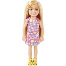 Poupée Barbie Chelsea, petite poupée aux longs cheveux blonds et aux yeux bleus, portant une robe à fleurs violette amovible et des chaussures ja