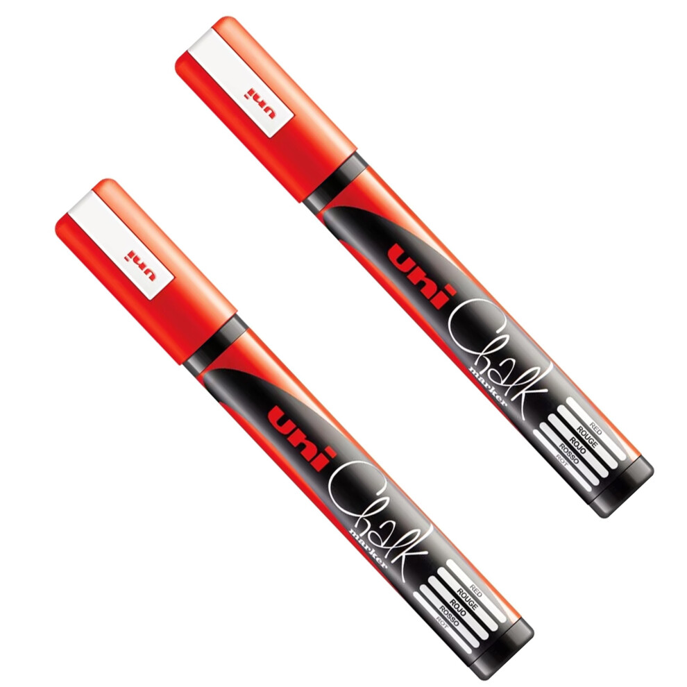 Uni PWE-5M Liquid Chalk Marker Pen - Whiteboard Blackboard Chalkboard - Non Permanent - Red - Pack of 2