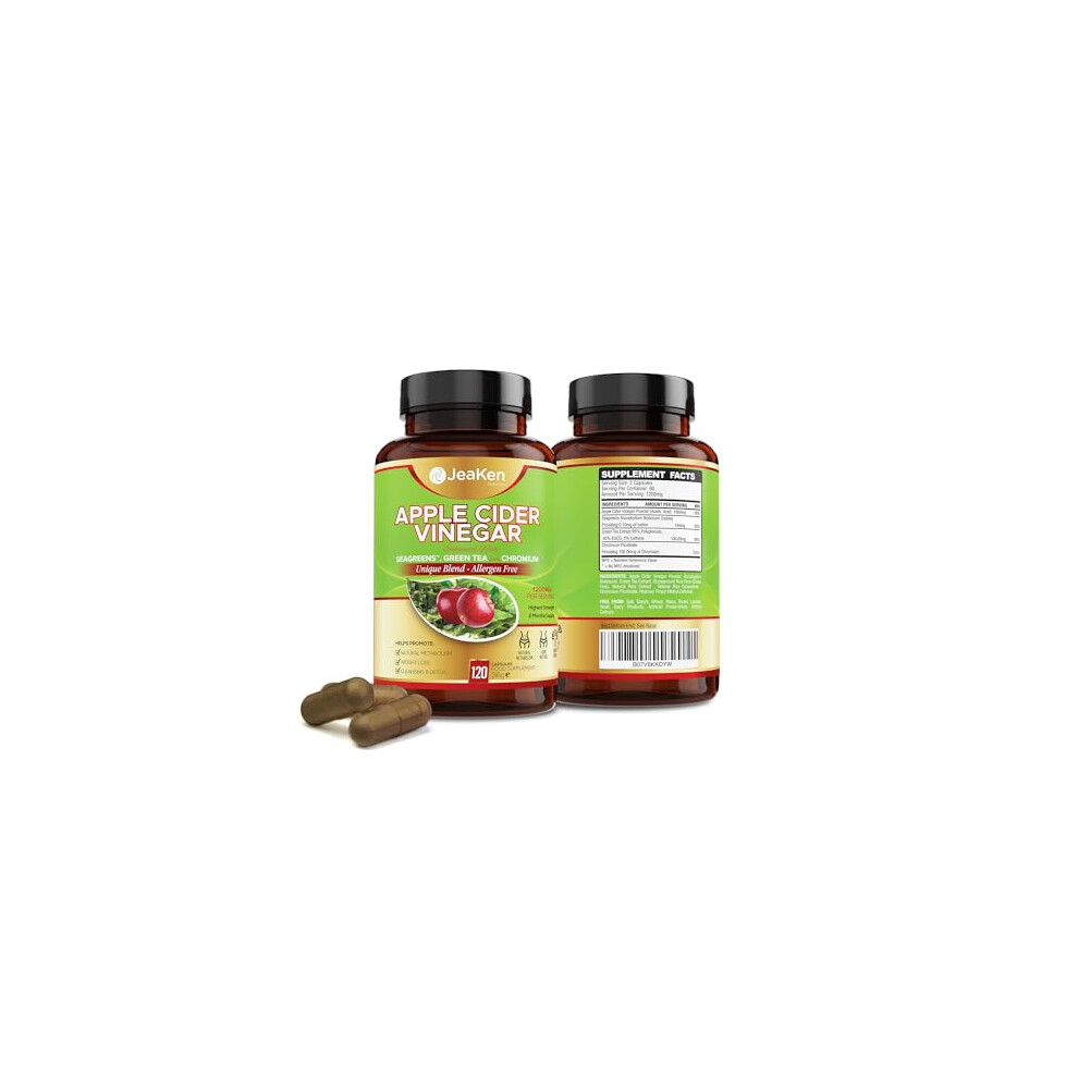 Jeaken Apple Cider Vinegar With Seagreens & Green Tea - Gummy/Tablet Alternative, 1000Mg - Supports Metabolism, Slimming, Energy, Detox - 120 Capsules