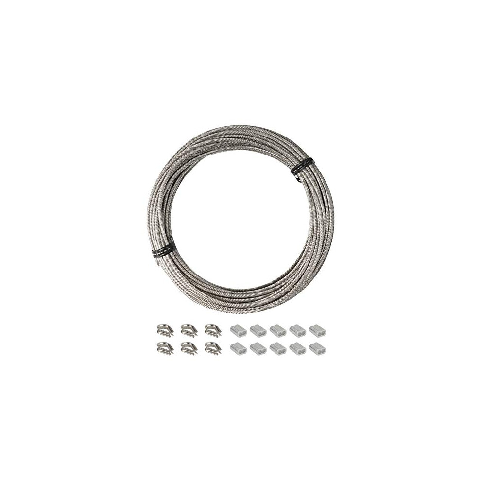17Pcs Cable Rope Kit 10M Heavy-duty 304 Stainless Steel PVC Coated Steel Wire Rope, Aluminum Crimp Sleeve and Thimble, Outdoor String Lamp Light