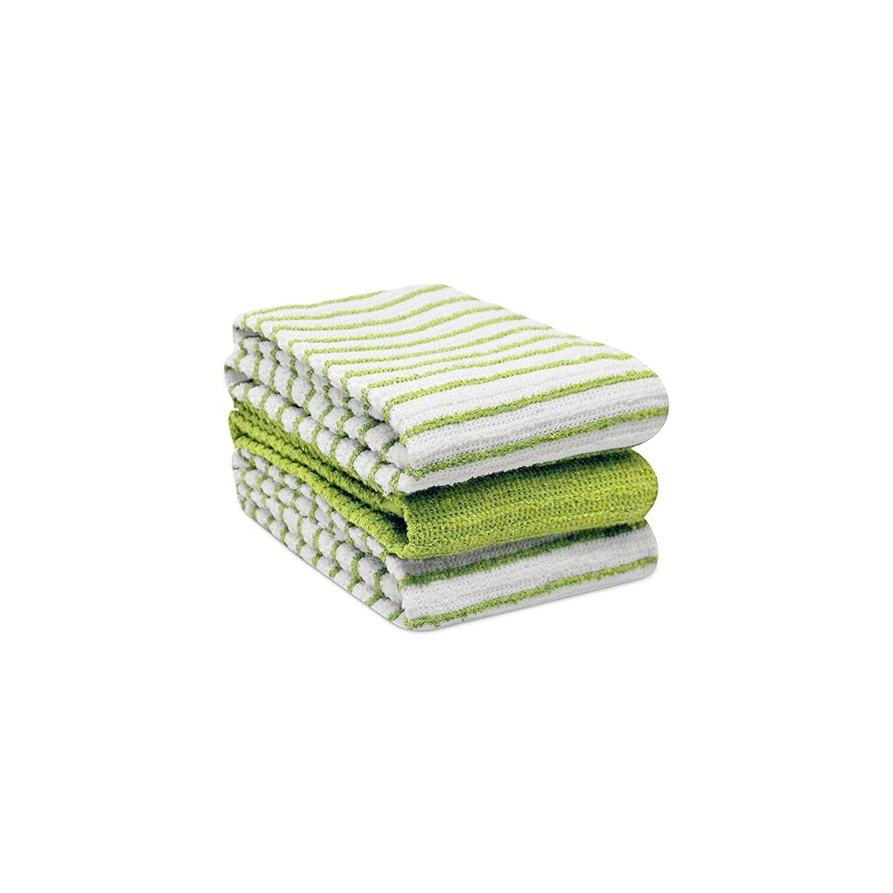 Kitchen Tea Towels Set Of 3 Cotton - 40 x 60 cm Super Soft & Quick Drying Dish Cloths - Striped & Solid Designed (Green/White, 3)