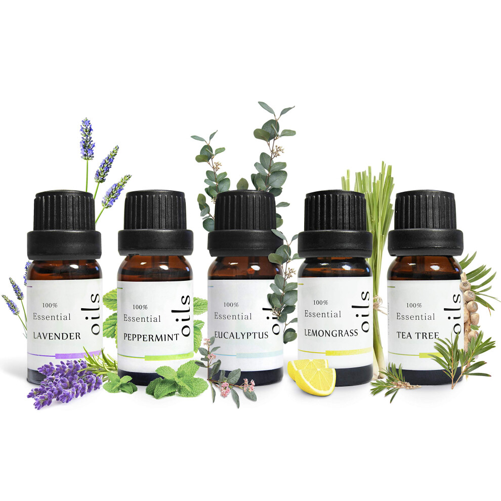 Essential Oils 100% Pure Organic 5x10ml (UK Company) Natural Diffuser Oils Aromatherapy Oil Peppermint Lavender Eucalyptus Tea Tree Lemon Grass