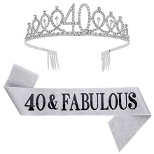 "40 and Fabulous Sash and Rhinestone Tiara Set,40th Birthday Gifts Birthday Sash for Women Birthday Party Supplies( Silver)