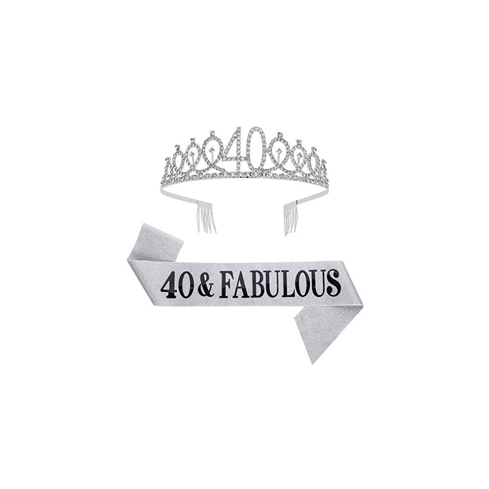40 and Fabulous Sash and Rhinestone Tiara Set,40th Birthday Gifts Birthday Sash for Women Birthday Party Supplies( Silver)