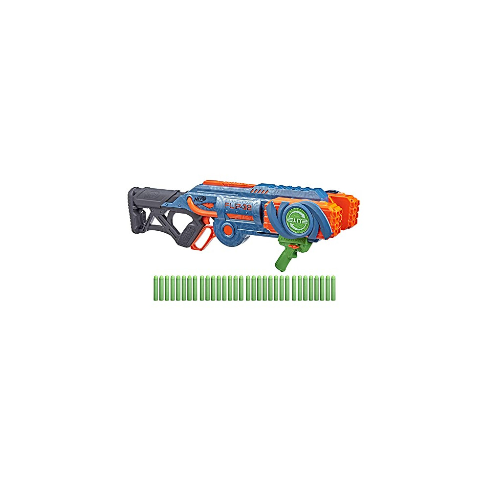 Elite 2.0 Flipshots Flip-32 Blaster, 32 Dart Barrels Flip to Double Your Firepower, 32-Dart Capacity, 32 Nerf Darts