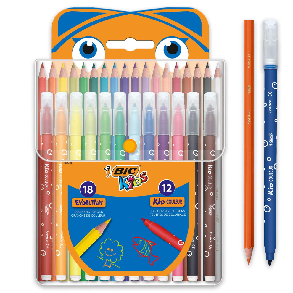 Kids Colouring Set - Case of 30 Colouring Products - 18 Pencils and 12 Felt-Tip Colouring Pens in Convenient Plastic Case