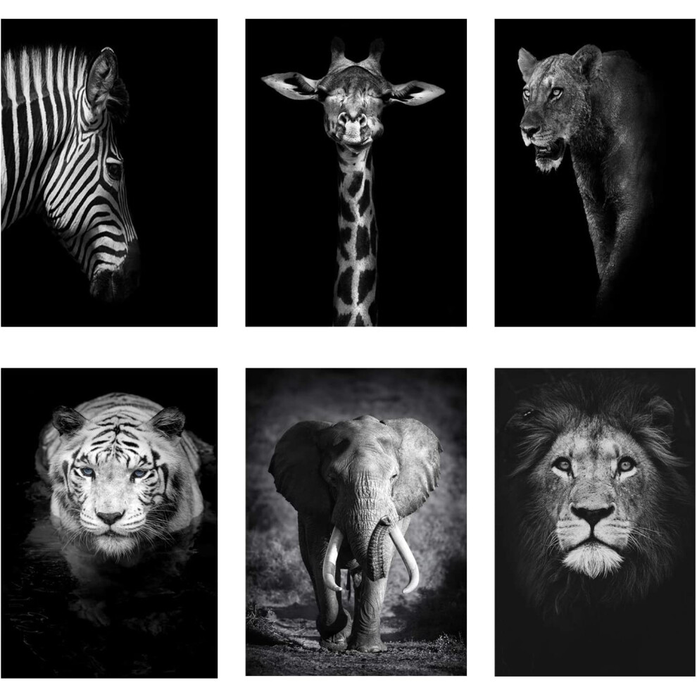 Black and White Posters Wall Art,Animals Canvas Picture Prints Modern Aesthetic Posters,Lion,Elephant,Zebra,Giraffe Wall Decoratio 21 x 30cm Unframed