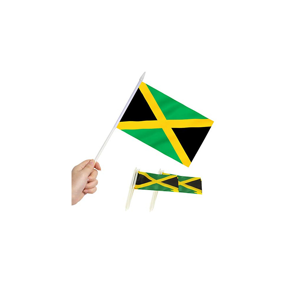 Jamaica Mini Flag 12 Pack - Hand Held Small Miniature Jamaican Flags on Stick - Fade Resistant & Vivid Colors - 5x8 Inch with Solid Pole & Spear Top