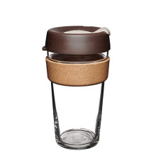 Reusable Tempered Glass Coffee Cup | Travel Mug with Splash proof Lid, Brew Cork Band, Lightweight, BPA Free | Large | 16oz / 454ml | Almond