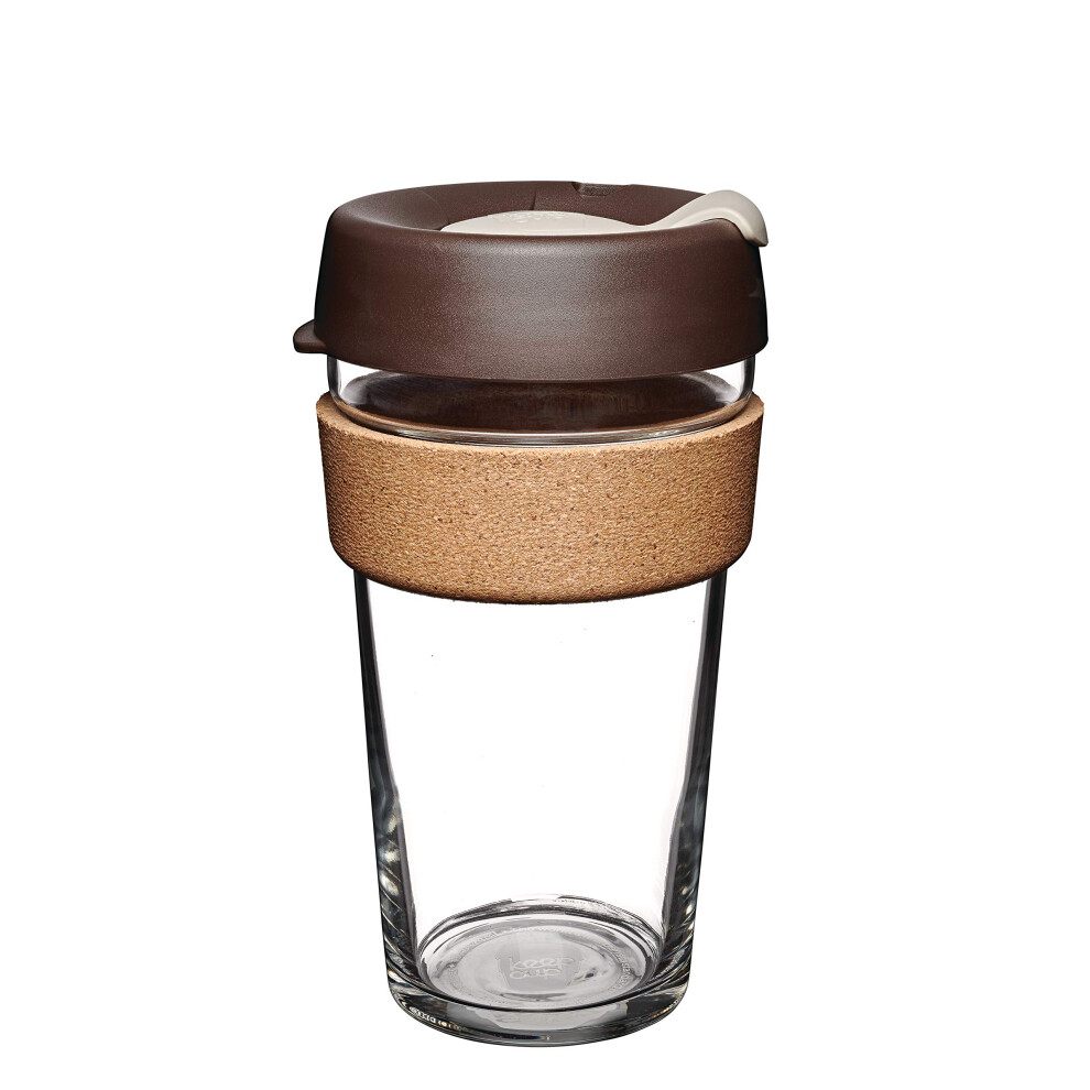 Reusable Tempered Glass Coffee Cup | Travel Mug with Splash proof Lid, Brew Cork Band, Lightweight, BPA Free | Large | 16oz / 454ml | Almond