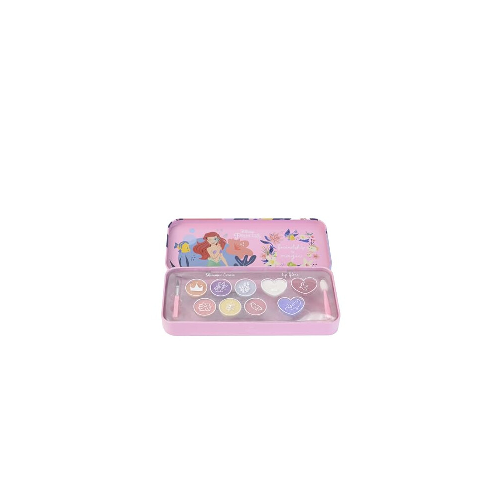 Disney Princess Adventure Color Tin, Lips and Face Makeup Giftset with Lip Glosses and Shimmer Creams for your Kids' Princess Look, Make-up Applicator