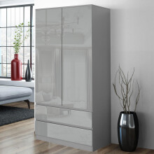 (Grey) High Gloss 2 Door Wardrobe With 2 Drawers Cabinet Storage