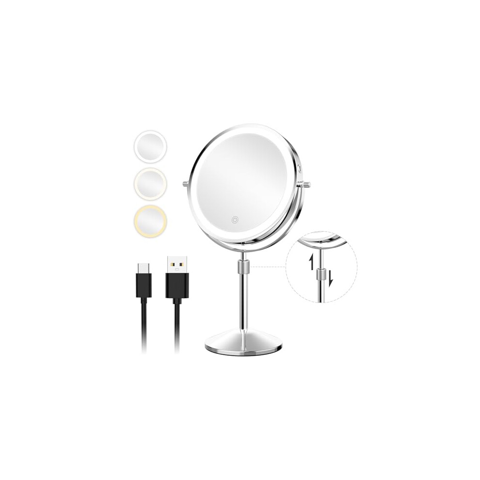 Vanity Mirror with Lights 8 Inch | 3 Color Lights | Height-Adjustable | Stepless Dimming | 1X/10X Double Sided HD Mirror | 360 Swivel | Rechargeable