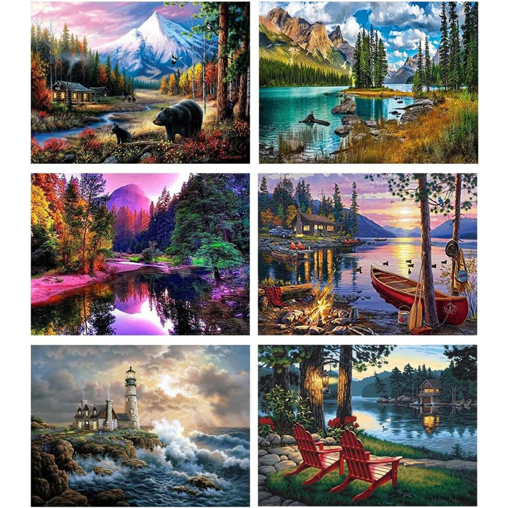 6 Pack Paint by Number for Adults,Landscape Paint by Numbers for Adults Beginner, DIY Acrylic Painting Gift Kits Drawing Paintwork for Relax and Home