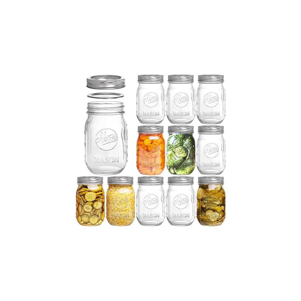 12 Pack Printed Glass Jars 16oz (480ml) Mason Glass Jars with Regular Mouth Canning Glass Jars with Lids