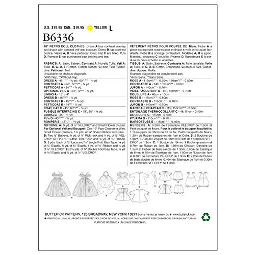 Butterick Patterns 6336 OSZ, Ρούχα για Κούκλες 18", Ένα Μέγεθος, Πολύχρωμο 1